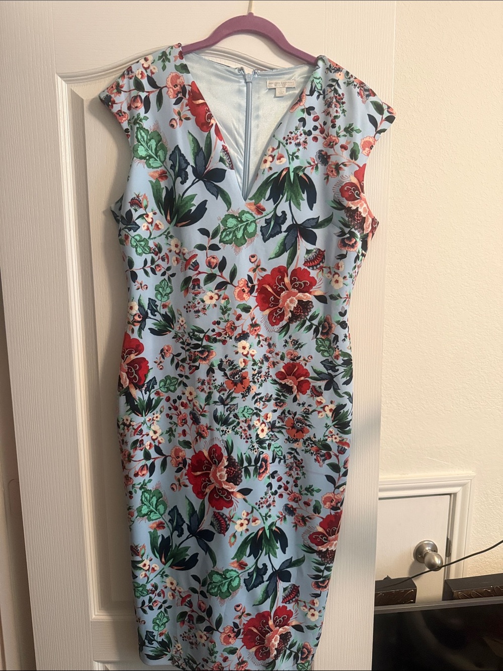 New York & Company Light Blue Floral Midi Sheath Dress with Red Blooms